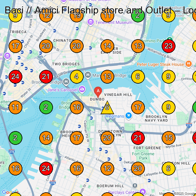 Baci // Amici Flagship store and Outlet Clothing Store GeoGrid ranking map for Brooklyn NY